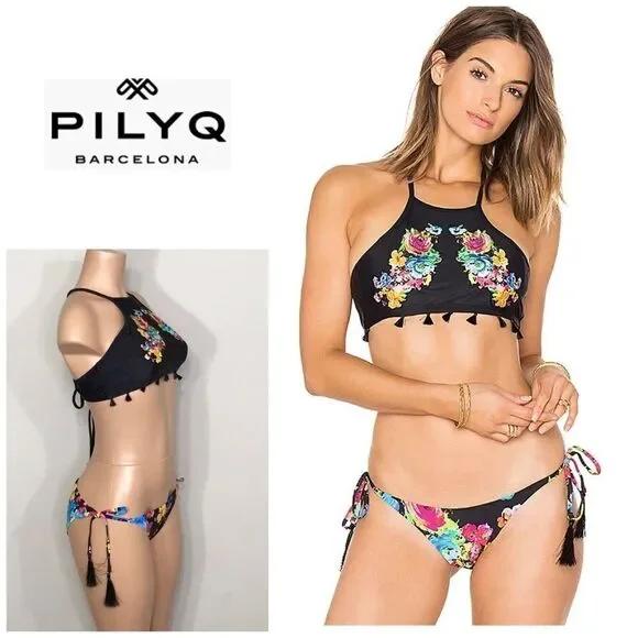 PILYQ tasseled embroidered bikini set. D-cup/M-bottom. NWT